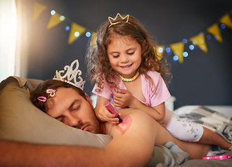 Image showing Dad, sleeping and girl drawing for fun, game and April Fools joke on body and paint with pink makeup. Father, sleep in kids bedroom and funny child, bed time and painting lipstick on man