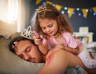 Image showing Sleeping, dad and girl drawing for fun, game and April Fools joke on face, body and paint with pink makeup. Father, sleep in kids bedroom and funny child, bed time and painting lipstick on man