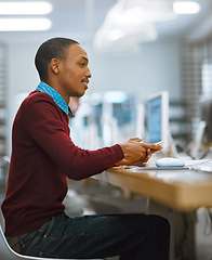 Image showing Education, university and student working in computer lab or studying on desktop or doing exams on the internet and in college. Research, learning and scholar or academic focus and online course