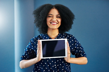 Image showing Woman, portrait and tablet screen with mockup space for website, internet and network promotion. Technology, blank display and digital advertising for logo, brand or app ux with a happy female model