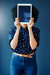 Image showing Woman, tablet and mockup screen with space for website, internet and network promotion. Technology, display and digital advertising in hands of a female model for logo, brand or ux on blue background