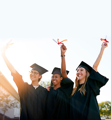 Image showing Students, graduation or diploma in hands of college or university friends together on sky mockup. Happy women outdoor to celebrate education achievement, success and future diversity at school event