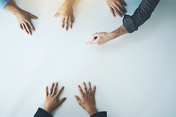 Image showing Space, brainstorming and hands of team using paper in collaboration and planning strategy. Our vision, idea discussion and closeup people group in business development meeting for project management