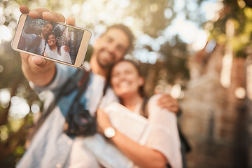 Image showing Phone screen, couple and selfie outdoor for travel and vacation memory or happiness. Tourist man and woman happy about adventure, journey or holiday photo with freedom, love and care in nature