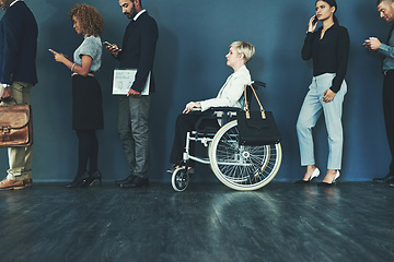 Image showing Waiting, interview line and woman inclusion in wheelchair for business recruitment in office. Diversity, technology and employee people with disability in waiting room queue for hiring inn workplace