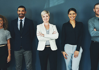 Image showing Diversity, community and portrait of business people in studio for support, smile and teamwork. Happy, collaboration and professional with employees and wall background for motivation and mission