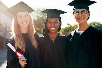 Image showing Friends, students and graduation portrait of college or university friends together with a smile. Diversity women outdoor to celebrate education achievement, success and future at event for graduates