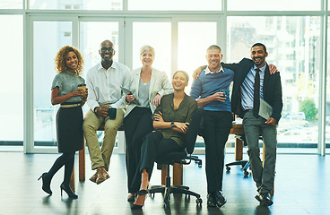 Image showing Teamwork, diversity and portrait of business people in office for support, community and happy. Smile, collaboration and solidarity with group of employees for mission, commitment and mindset