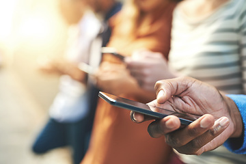 Image showing Phone, social media and hands texting or doing search on the internet, web or website and using technology. Cellphone, digital and person typing online on a smartphone or message mobile app