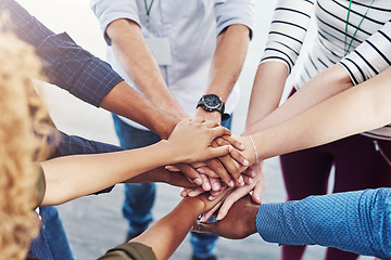 Image showing Team, hands together and motivation of staff with collaboration, support and community. Diversity, worker friends and group with achievement, solidarity and agreement hand sign for teamwork success