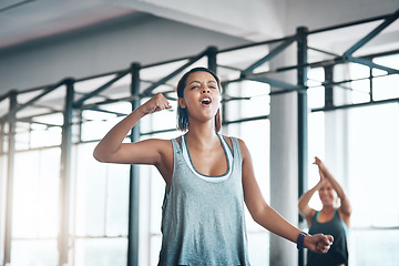 Image showing Fitness, exercise and woman with celebration, winner and motivation with wellness. Female person, athlete and girl with progress, performance and goal achievement with challenge, sports and training