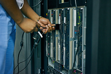 Image showing Server room, cables or hands of technician with hardware for online cybersecurity glitch or software solution. Closeup, man or hand of engineer fixing network for information technology or IT support