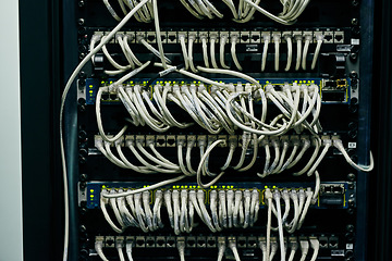 Image showing Server room, empty or cables for internet connection, cloud computing network or cyber security hardware. Wires background, information technology support or cord on machine equipment in data center