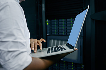 Image showing Server room, man or hands of technician with laptop for online cybersecurity glitch or software. IT support, closeup or electrical engineer coding data or fixing network for information technology