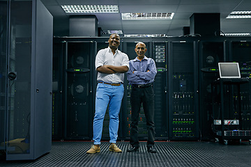 Image showing Happy, men or portrait of engineers in server room for online cyber security glitch or hardware. IT support team, black man or friendly African technicians fixing network for information technology