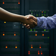 Image showing Handshake, partnership or people in server room of data center worker for network help with IT support. B2b deal agreement, teamwork closeup or successful men shaking hands together in collaboration