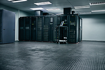Image showing Server room, empty or hardware for internet networking connection, servers or cyber security system. IT support background, information technology electronics or machine equipment in data center