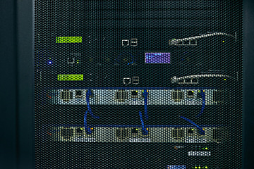 Image showing Server room, empty or cables in hardware for internet connection, computing network or cyber security. Wires background, information technology support or cords on machine equipment in data center