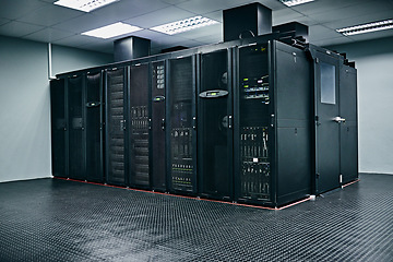 Image showing Server room, empty or hardware electronics for internet connection, admin servers or cyber security system. IT support background, information technology electronics or modern machine in data center