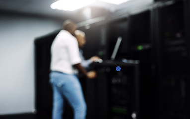 Image showing Server room, people or technicians blur on computer together for a cybersecurity glitch with teamwork. Blurry IT support code, collaboration or engineers fixing network for information technology