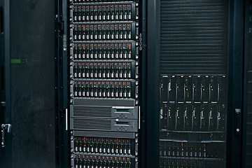 Image showing Server room, empty or hardware equipment for networking connection, admin servers or cyber security system. IT support background, information technology electronics or modern machine in data center