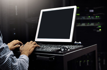 Image showing Hands, person or coding on computer in server room for big data, tech glitch or digital website at night. Support, hacker or technician typing testing UX screen, programming or software development