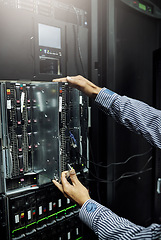 Image showing Control room, hardware or hands of technician fixing online cybersecurity glitch, machine or servers system. IT support, data center or closeup of engineer with inspection for information technology