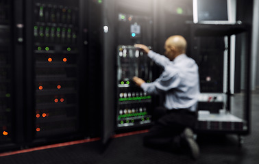 Image showing Control room, hardware or technician fixing machine for online cybersecurity glitch or servers system. IT support, data center or blurry engineer working on inspection for information technology