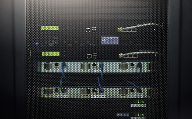 Image showing Control room, empty or cables in hardware for internet connection, computing network or cyber security. Wires background, information technology support or cords on machine equipment in data center