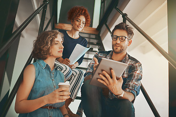 Image showing Teamwork, designers or people with tablet or online report in meeting for data analysis or creative innovation. Collaboration, digital project or group of employees in startup modern office together