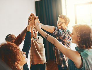 Image showing High five, creative or happy people in meeting for team building, motivation or collaboration success. Startup goal, teamwork or excited employees celebrate winning mission victory or group target