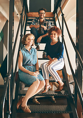 Image showing Smile, startup or portrait of happy people on steps after meeting for team building together in company. Women, proud man or employees smiling with leadership, confidence or group support in business