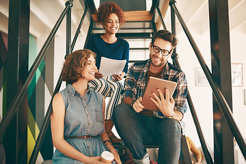 Image showing Teamwork, designers or happy people with tablet or paperwork in meeting for data analysis or online report. Collaboration, digital project or creative group of employees in startup modern office