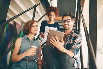 Image showing Teamwork, creative designers or people with tablet or online report in meeting for data analysis on steps. Collaboration, digital project or group of funny employees in startup modern office together