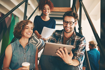 Image showing Teamwork, creative designers or happy people with tablet or online report in meeting for data analysis on steps. Collaboration, digital project or group of employees in startup modern office together