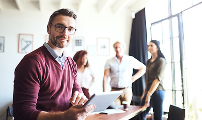 Image showing Man, portrait or tablet for web design meeting and team in creative office workspace and planning, research and management. Businessman, happy teamwork and leader working with technology for project