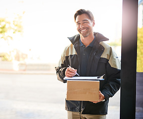 Image showing Delivery man, box and portrait with a package and pen for signature on paper at front door. Logistics worker with courier company parcel in cardboard for e commerce shipping or mail distribution