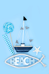 Image showing Summer Beach Symbols with Toy Sailing Boat 