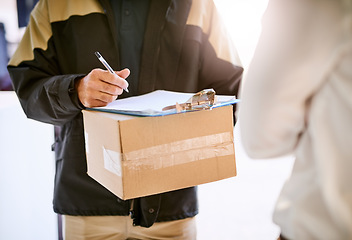 Image showing Customer, box and hands of delivery man with a package and pen for signature on paper at front door. Logistics worker with a courier company parcel for e commerce shipping or mail distribution