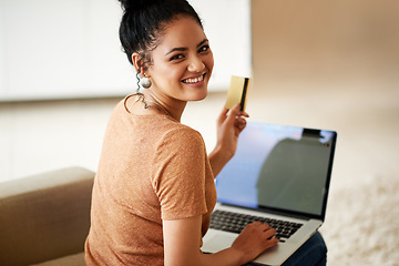 Image showing Woman with smile, laptop and credit card with online shopping and payment on store website with fintech. Young female person at home, portrait and happy with internet banking, finance and ecommerce