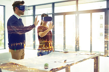 Image showing Overlay, virtual reality or metaverse with architect people using headset technology to access information. Digital, AI or 3D with a man and woman engineer in an architecture office for innovation