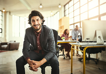 Image showing Portrait, confident or happy man in office chair, creative ideas and business project for entrepreneur at design agency. Leader creativity, idea and happiness, for businessman with plan in workspace