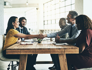 Image showing Business man, partnership handshake and deal in a meeting with agreement and contract. Thank you, success and b2b work with shaking hands to welcome and show congratulations from happy teamwork