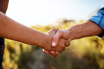 Image showing Farmer b2b, handshake and partnership for sustainability deal in the countryside on farm. Agriculture, thank you and collaboration agreement in nature with farming worker and sustainable business