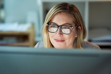 Image showing Glasses, working and business woman on a computer or reading for a project deadline or editor and in an office. Research, email and content plan or revision or review and writing online publication