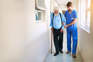 Image showing Nurse, help and senior patient walking, moving or healthcare support in nursing home, retirement and hospital. Elderly, man and medical caregiver or physical therapy, doctor and health care
