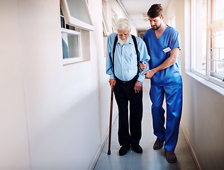 Image showing Nurse, senior patient and help walking, moving or healthcare in nursing home, retirement and medical caregiver. Elderly, man and support from physical therapy, doctor or health care in hospital