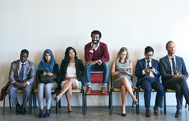 Image showing People, recruitment and group waiting for job interview, diversity and hiring opportunity in business. Happy, worker and recruiting success or career, human resources and resume application