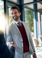 Image showing Businessman, handshake and partnership for deal, b2b agreement or hiring in meeting at the office. Happy business people shaking hands in recruiting, teamwork or welcome introduction at the workplace