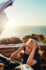 Image showing Breakdown, car and frustrated phone call, woman calling for help, roadside assistance services and auto insurance. Emergency, transport and lady with engine problem on road trip and mockup space call